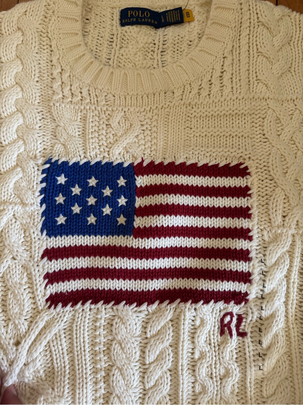 Polo by Ralph Lauren Cream Cable-Knit Sweater with American Flag USA - Picture 7 of 12